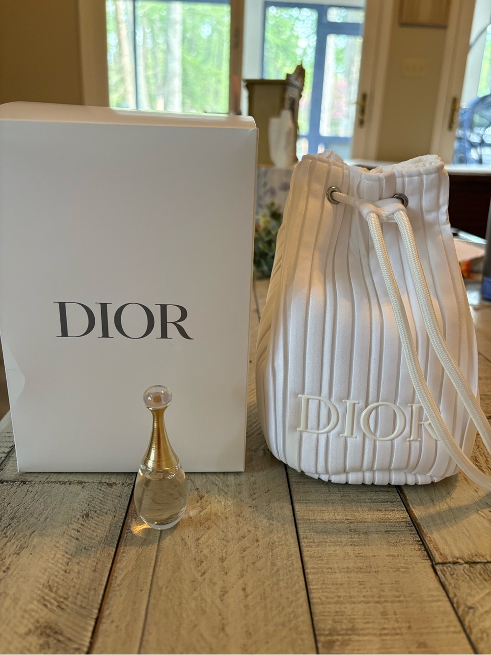 Dior White Pleated Drawstring Mini Bucket Bag